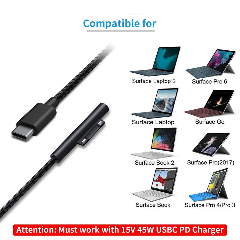 Sisyphy Nylon Braided Surface Connect to USB-C Charging Cable Compatible for Microsoft Surface Pro7 Go2 Pro6 5/4/3 Laptop1/2/3 & Surface Book, Works with 45W 15V3A USBC Charger (Black, 6ft) - LeoForward Australia