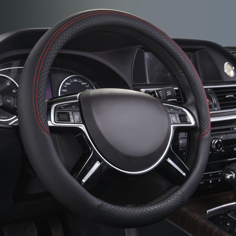  [AUSTRALIA] - CAR PASS Rhombus Leather Universal Steering Wheel Cover, Fit for Suvs,Trucks,Cars,Sedans,Vans(Black and Black) Black And Black
