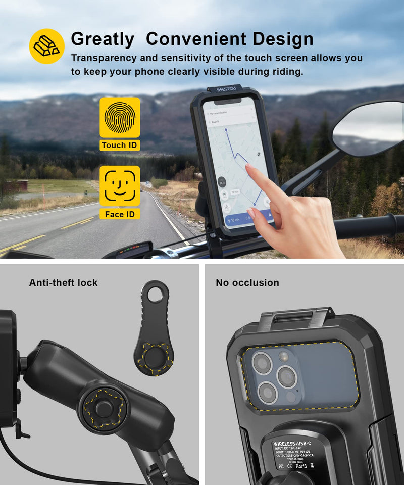  [AUSTRALIA] - Waterproof IP67 Motorcycle Wireless Phone Mount Qi/USB C 3.0 Cellphone Holder Charger-iMESTOU Anti-Thief Handlebar Phone Mounts Double Socket Arm Aluminium Base 720° Rotation for 5.5-6.8" Smartphones L(For 5.5"-6.8" Phones)