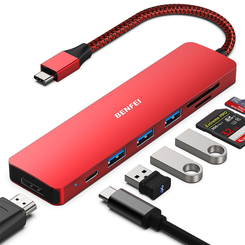  [AUSTRALIA] - BENFEI USB C HUB 7in1, USB C HUB Multiport Adapter with USB-C to HDMI, USB-C to SD/TF Card Reader/3*USB 3.0/60W Power Delivery, Compatible with MacBook Pro 2022/2021/2020/2019, Surface Book More - Red