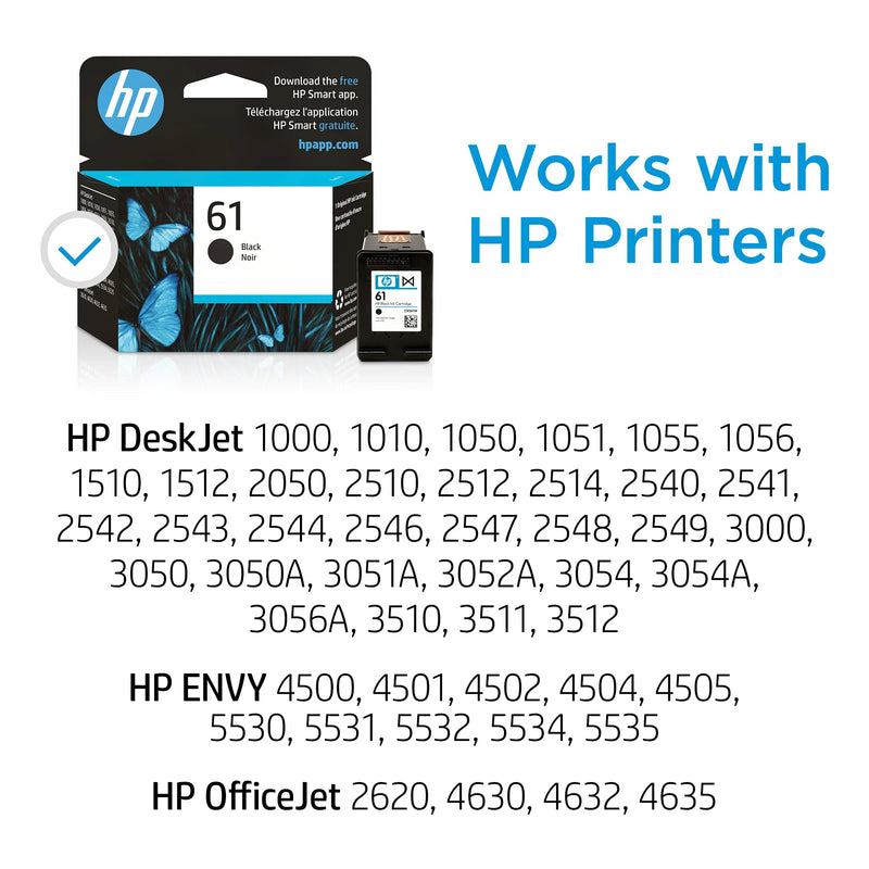 Original HP 61 Black Ink Cartridge | Works with DeskJet 1000, 1010, 1050, 1510, 2050, 2510, 2540, 3000, 3050, 3510; ENVY 4500, 5530; OfficeJet 2620, 4630 Series | Eligible for Instant Ink | CH561WN 1 1 Pack - LeoForward Australia