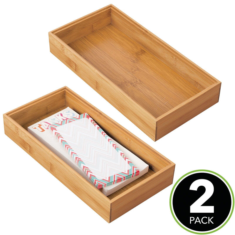mDesign Bamboo Farmhouse Home, Office Storage Bin Tray - Desk and Drawer Organizer - for Gel Pens, Pencils, Markers, Erasers, Tape, Notepads - 2 Pack - Natural 6 x 12 x 2 - LeoForward Australia
