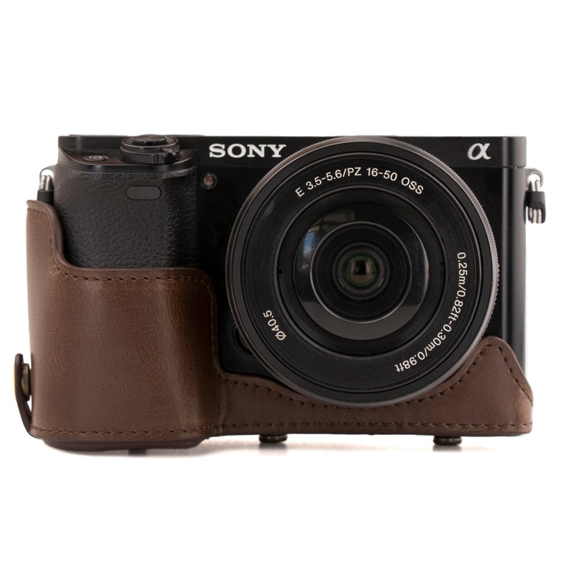  [AUSTRALIA] - MegaGear Ever Ready Leather Camera Case Compatible with Sony Alpha A5100, A5000 with 16-50mm Lens Dark Brown