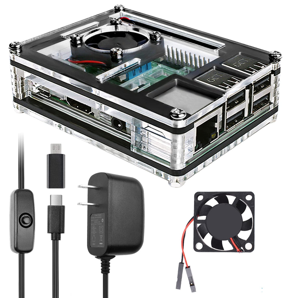  [AUSTRALIA] - Miuzei Raspberry Pi 3 B+ Case with Fan Cooling, Pi 3B Case with 3 Pcs Heat-Sinks, 5V 3A Power Supply for Raspberry Pi 3 B+ (B Plus), 3B (No Raspberry Pi Board)