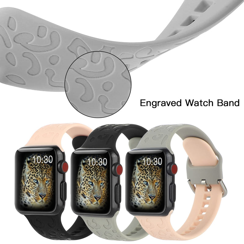  [AUSTRALIA] - 3 Pack Cheetah Engraved Strap Compatible with Apple Watch Bands 38mm 40mm 41mm,Fancy Leopard Laser Printed Soft Silicone Accessories for iWatch Series 1 2 3 4 5 6 SE 7 Black Gray 38/40/41mm