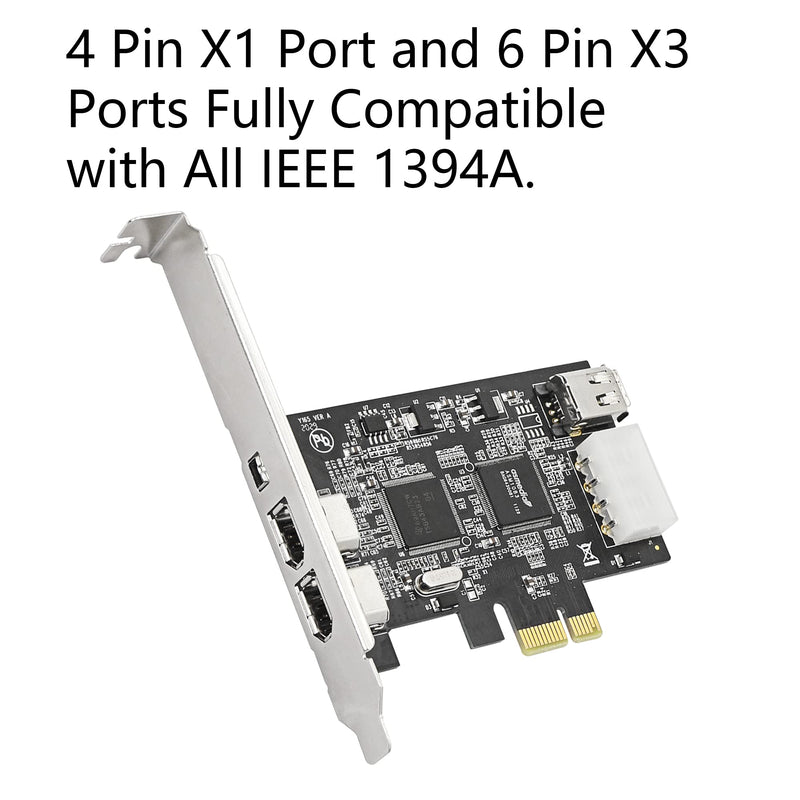  [AUSTRALIA] - CERRXIAN PCIe Firewire Card, PCI-E X1 to IEEE 1394 3X 6Pin & 1x 4Pin with Low Profile Bracket for Video,Photo