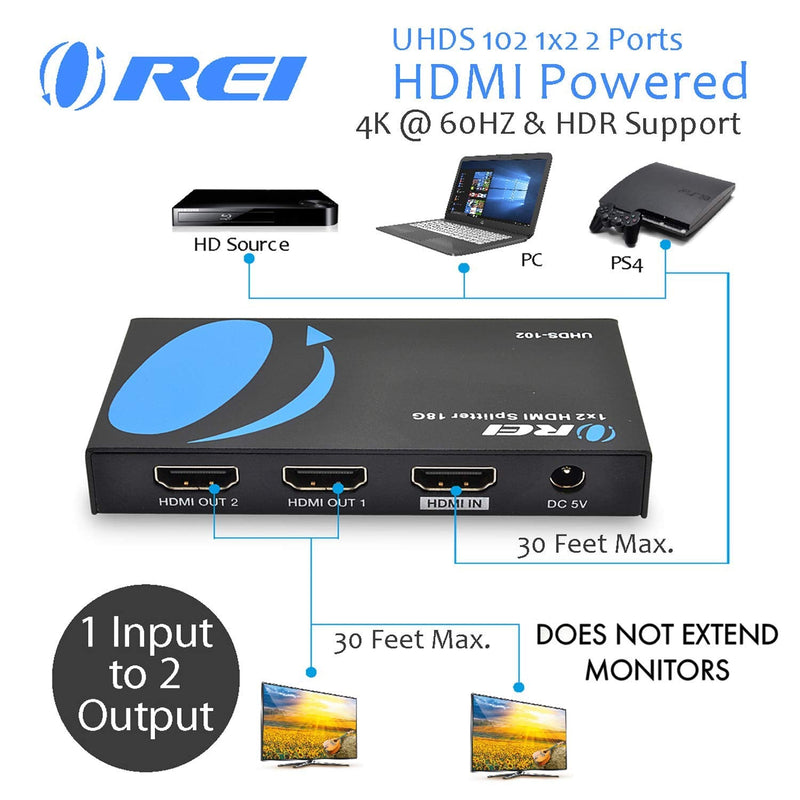  [AUSTRALIA] - OREI UltraHD 4K @ 60 Hz 1 X 2 HDMI Splitter 1 in 2 Out 2 Port 2: 8-Bit - HDMI 2.0, HDCP 2.0, 18 Gbps, EDID, Duplicate / Mirror 4K Screens - UHDS-102 1x2