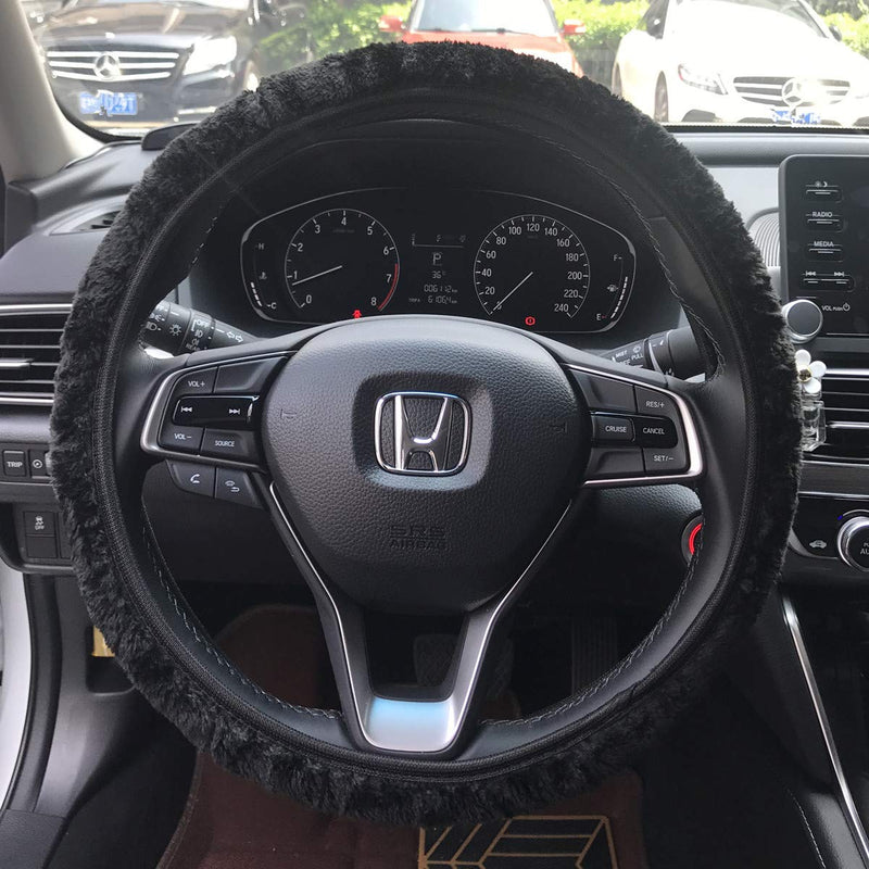  [AUSTRALIA] - KAFEEK Long Microfiber Plush Steering Wheel Cover for Winter Warm, Universal 15 inch, Anti-Slip, Odorless, Black