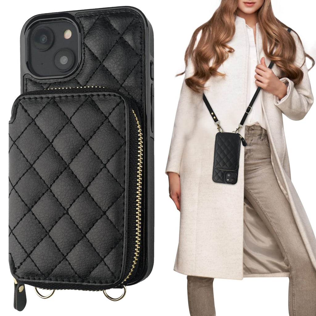  [AUSTRALIA] - Bocasal Crossbody Wallet Case for iPhone 14, RFID Blocking PU Leather Zipper Handbag Purse Flip Cover, Kickstand Folio Case with Card Slots Holder Wrist Strap Lanyard 5G 6.1 Inch (Black) Black