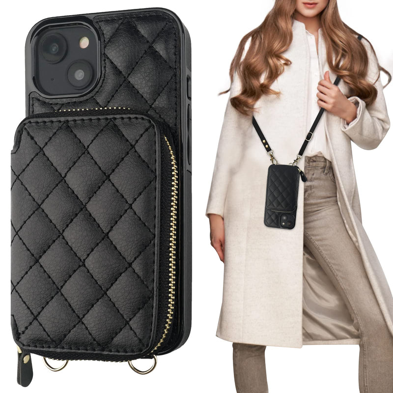 [AUSTRALIA] - Bocasal Crossbody Wallet Case for iPhone 14, RFID Blocking PU Leather Zipper Handbag Purse Flip Cover, Kickstand Folio Case with Card Slots Holder Wrist Strap Lanyard 5G 6.1 Inch (Black) Black