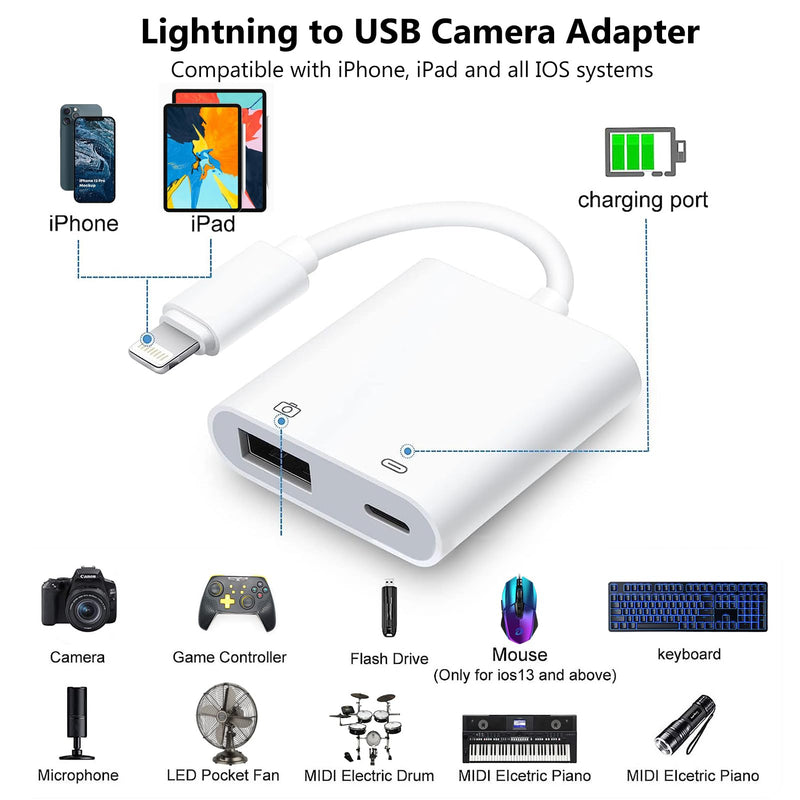  [AUSTRALIA] - Lightning to USB Camera Adapter for iPhone with Charging Port USB 3.0 Female OTG Cable for iPad to Connect Card Reader USB Flash Drive U Disk Keyboard Mouse Hubs Midi