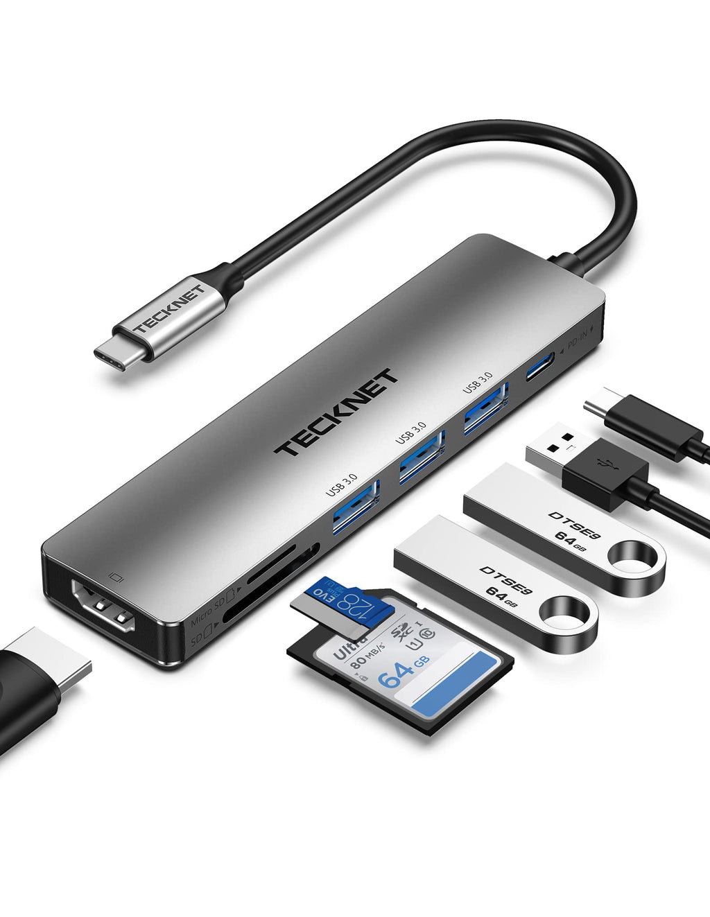  [AUSTRALIA] - TECKNET USB C Hub, 7 in 1 USB C Multiport Adapter with 4K HDMI, 100W PD, 3 USB 3.0 5 Gbps Data Ports, SD/TF Card Reader, USB C to HDMI Dongle USB-C Hub for iPad MacBook Pro/Air Thinkpad Surface XPS Grey