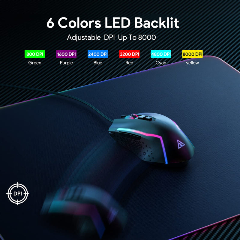  [AUSTRALIA] - EKSA Gaming Mouse, Wired Ergonomic Gaming Mice with 7 Programmable Buttons, Chroma RGB 6 Backlit& Adjustable 8000DPI for Windows PC Gamers (Black)