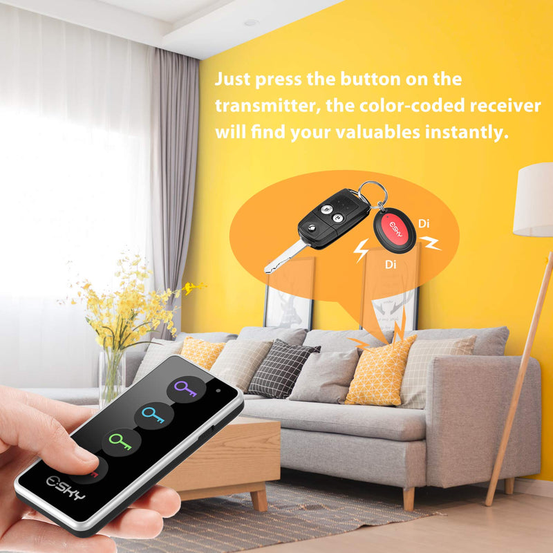  [AUSTRALIA] - Key Finder, Esky 80dB RF Item Locator with 131ft Working Range, Wireless Key Tracker with 1 Transmitter and 4 Receivers for Finding Wallet, Remote, Pet and Passport, Receiver' Batteries Included