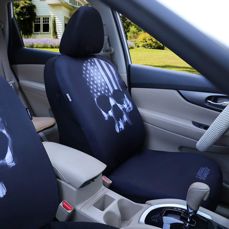  [AUSTRALIA] - Universal Fit Fashion Skull Flag Front Car Seat Covers Set of 2 Black with Airbag - Leader Accessories