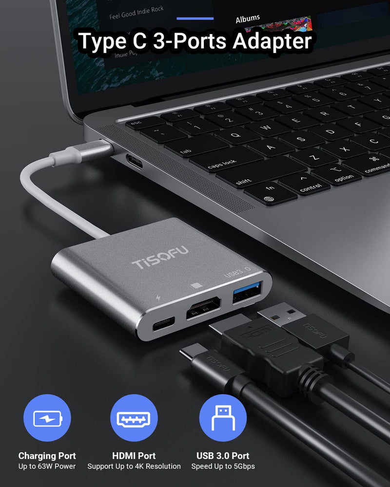  [AUSTRALIA] - USB C HUB - TISOFU USB C to Hdmi Adapter , 100w USB-c Power Adapter, USB 3.0 Data Ports, 4K HDMI to USB C Compatible with Chromebook, XPS, and More 3-in-1 hub