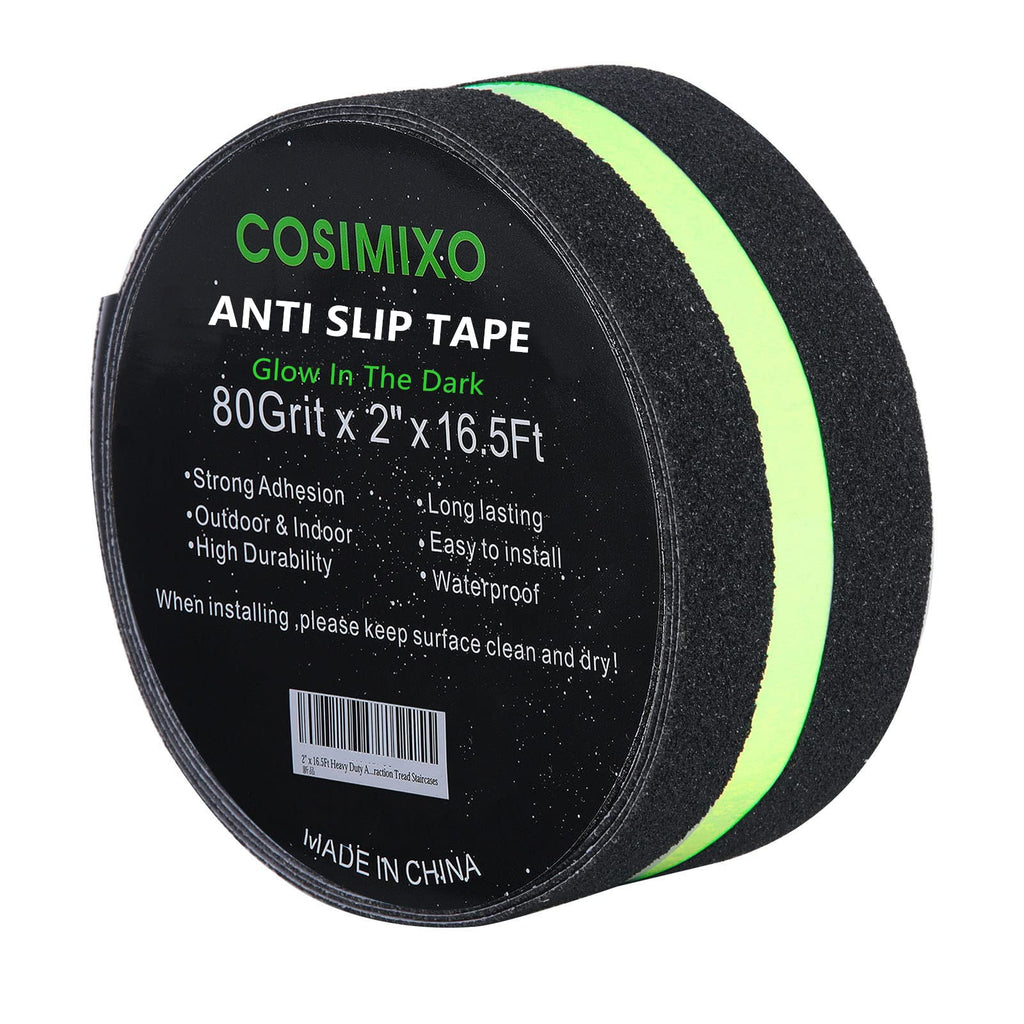  [AUSTRALIA] - 2" x 16.5Ft Grip Tape Anti Slip Traction Tape with Glow in Dark Green Stripe,Friction, Abrasive Adhesive Non Slip for Stairs, Tread Step, Indoor and Outdoor, Black 2" x 16.5Ft 1roll