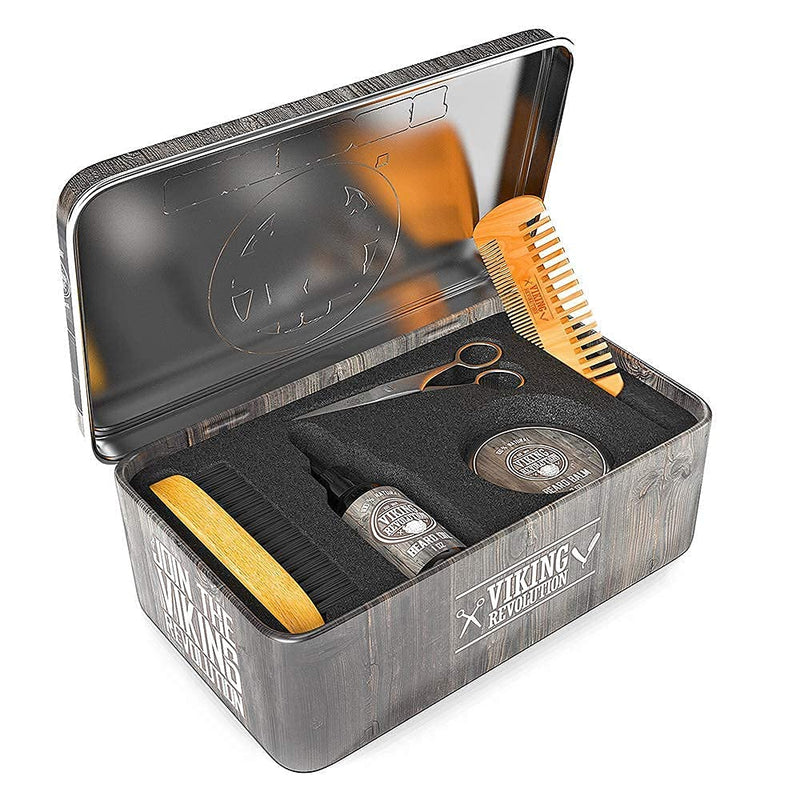 Viking Revolution Beard Care Kit for Men - Ultimate Beard Grooming Kit includes 100% Boar Men’s Beard Brush, Wooden Beard Comb, Beard Balm, Beard Oil, Beard & Mustache Scissors in a Metal Box 6 Piece Set - LeoForward Australia