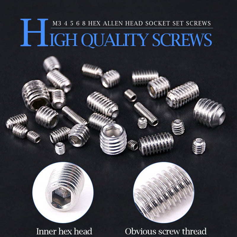  [AUSTRALIA] - Glarks 200-Piece M3 4 5 6 8 Hex Allen Head Socket Set Screw Assortment Kit (304 Stainless Steel) 200Pcs Silver Metric Set Screws Kit