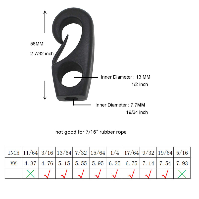  [AUSTRALIA] - YYST Kayak Cord Hook Nylon Bungee Hook for Shock Cords 3/16, 15/64,1/4, 9/32 (Pack of 10)