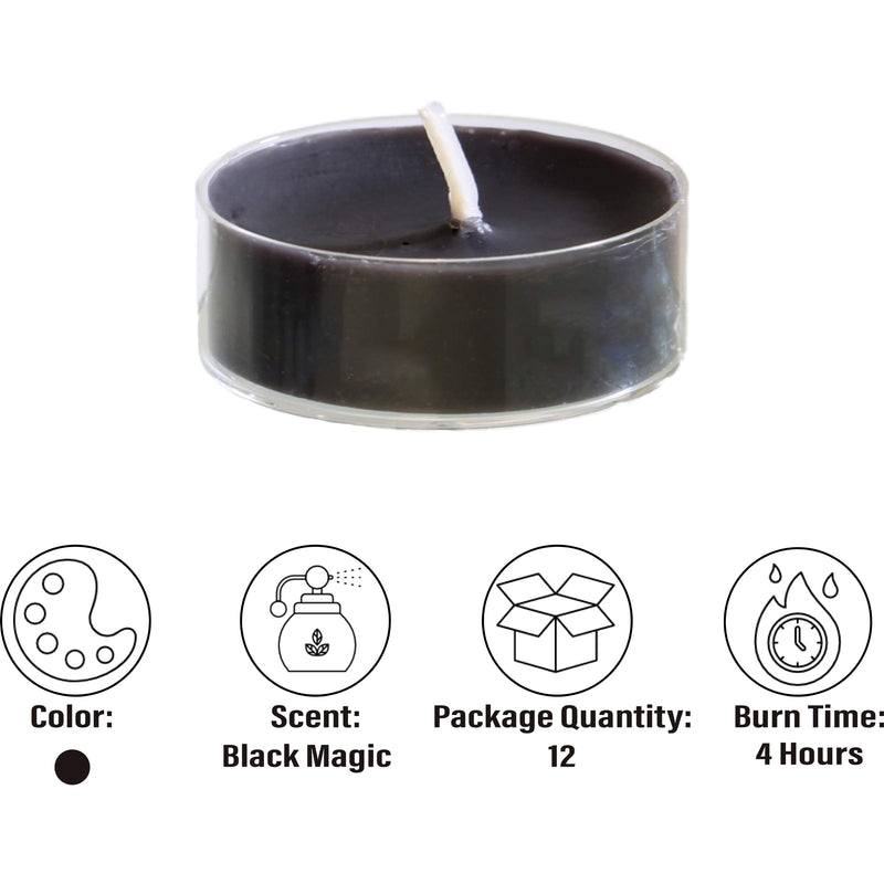  [AUSTRALIA] - CandleNScent Black Scented Tea Lights Candles - Black Magic Fragrance - Pack of 12