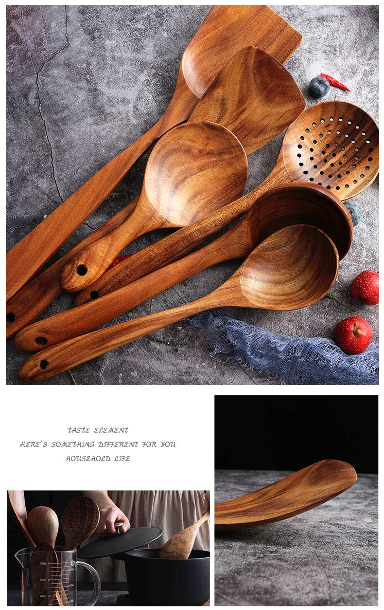  [AUSTRALIA] - Wooden Utensils Set for Kitchen, Messon Handmade Natural Teak Cooking Spoons Wooden Spatula for Nonstick Cookware (7 sets)