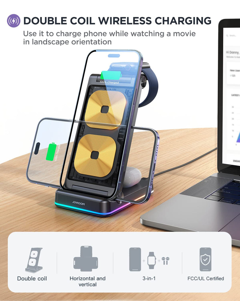  [AUSTRALIA] - 3 in 1 Wireless Charging Station, JOYROOM【Foldable & Double Coil】 Foldable Wireless Charger Compatible with iPhone14/13 Series, Apple Watch Ultra/8/7/6/5, and Airpods Pro/2nd/3