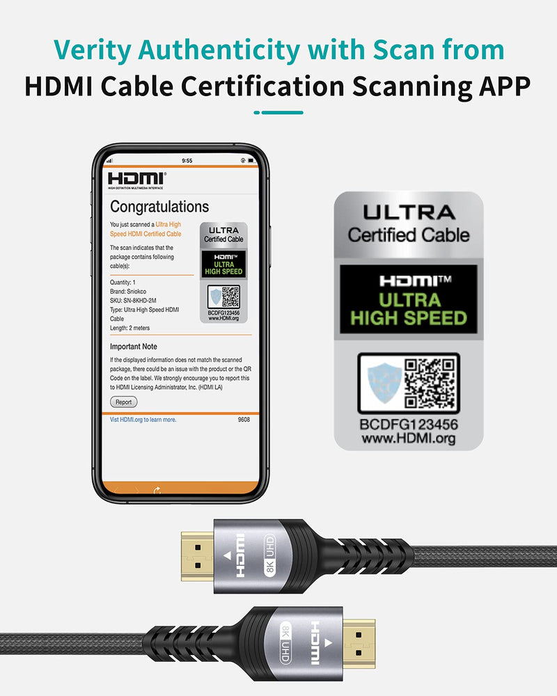 8K HDMI 2.1 Cable, Sniokco Certified 48Gbps Ultra High Speed Braided HDMI Cable 6.6FT 2M, Support Dynamic HDR, eARC, Dolby Atmos, 8K60Hz, 4K120Hz, HDCP 2.2 2.3, Compatible with HD TV Monitor and More - LeoForward Australia