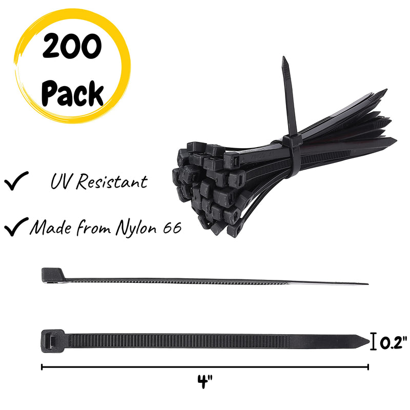  [AUSTRALIA] - Bates- Cable Zip Ties, 200 Pack, 4 Inch, Zip Ties, Zipties, Cable Tie, Plastic Ties, Tie Wraps, Electrical Cable Ties, Plastic Zip Ties, Black Zip Tie, Plastic Straps, Wire Ties, Cord Ties