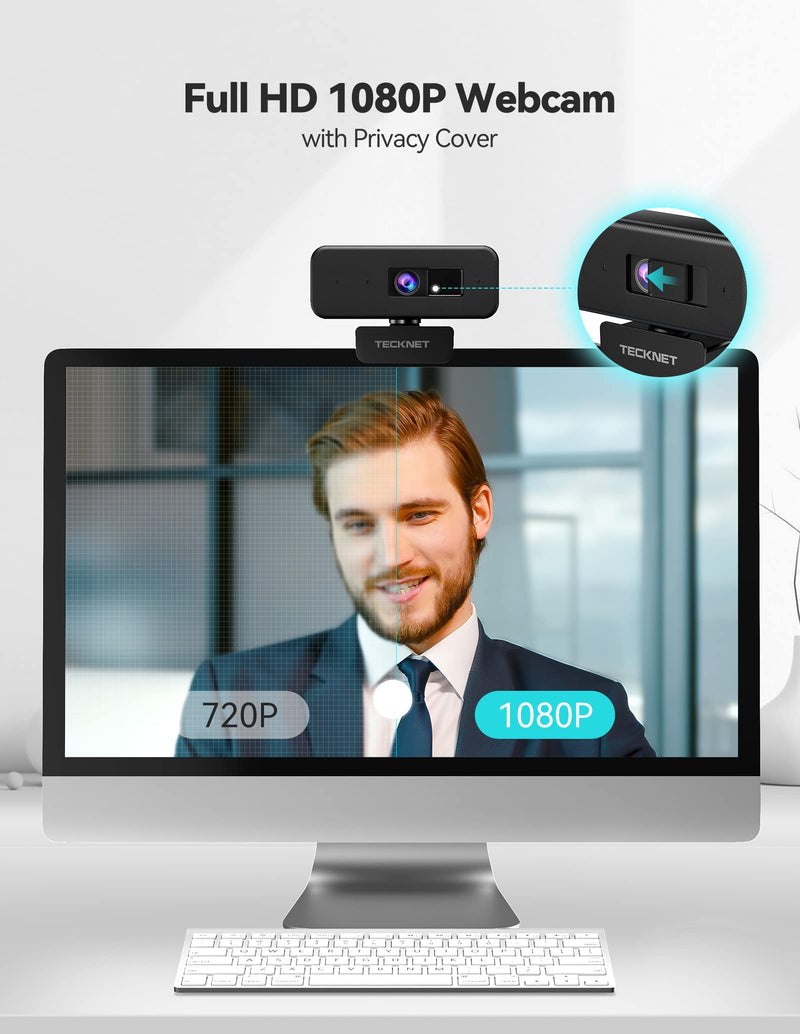  [AUSTRALIA] - 1080P Webcam with Microphone & Privacy Cover for Desktop, TECKNET Streaming Webcam, USB PC Computer Camera for Video Conferencing/Calling/Live Streaming/Online Learning Black