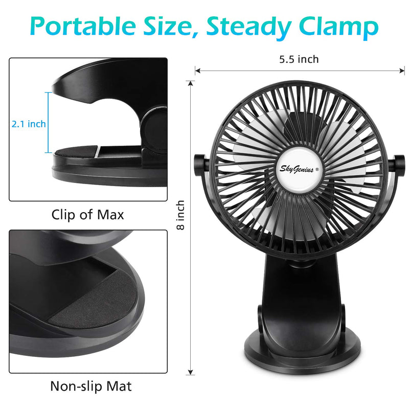  [AUSTRALIA] - SkyGenius Battery Operated Stroller Fan, Rechargeable USB Powered Mini Clip on Desk Fan Black