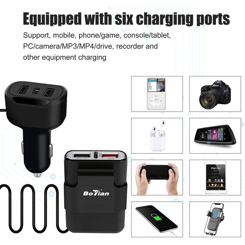  [AUSTRALIA] - Botian 6 Multi Ports Car Charger, 81W Fast Car Charger Adapter, QC 3.0/PD18W Compatible with iPhone14/Galaxy/Samsung S23, Nintendo Switch PS4/PS5 with 63 inch Cable for Rear Seat Charging(Black)