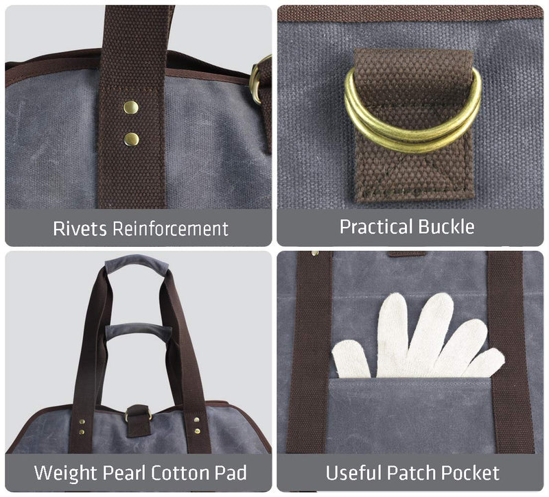 [AUSTRALIA] - MyFirePlaceDirect Waxed Canvas Log Carrier Tote Bag, Extra Large Durable Firewood Holder with Handles and Shoulder Strap, Heavy Duty Wood Carrying Bag for Fireplaces Grey