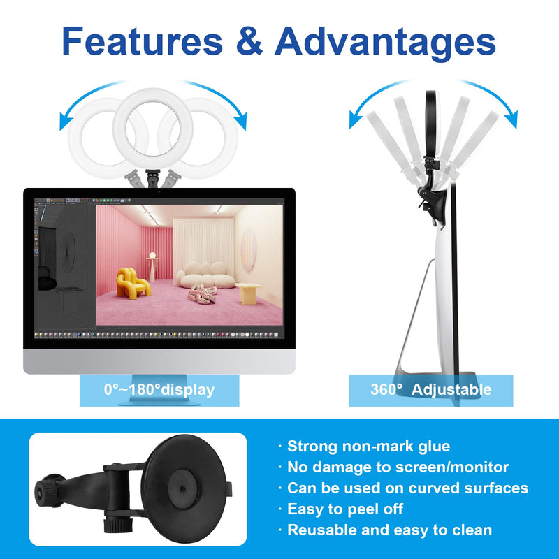  [AUSTRALIA] - Ring Light for Zoom Meetings, Laptop Ring Light with Tripod Stand, Ring Light with Suction Cup for Computer Monitor … Suction Cup+Tripod Ring Light