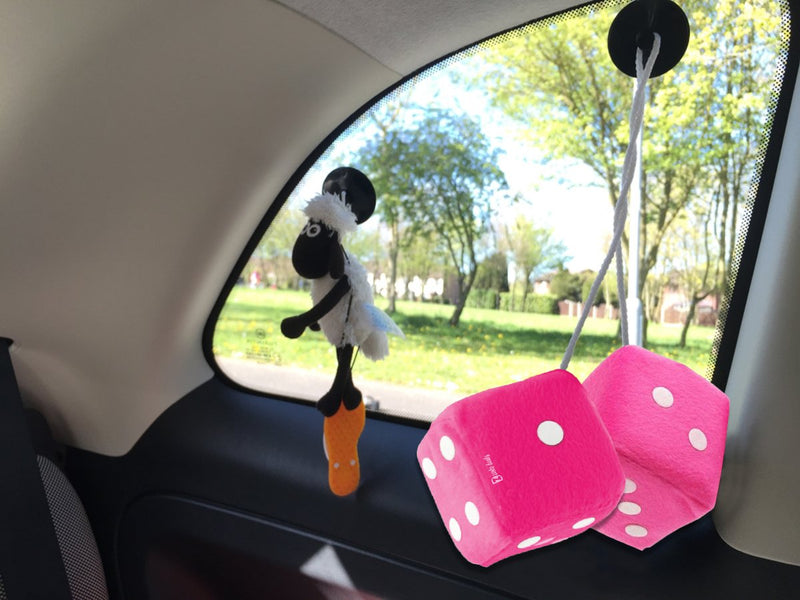  [AUSTRALIA] - Zento Deals Pair of 3 inch Square Pink Hanging Fuzzy Dice with White Dots