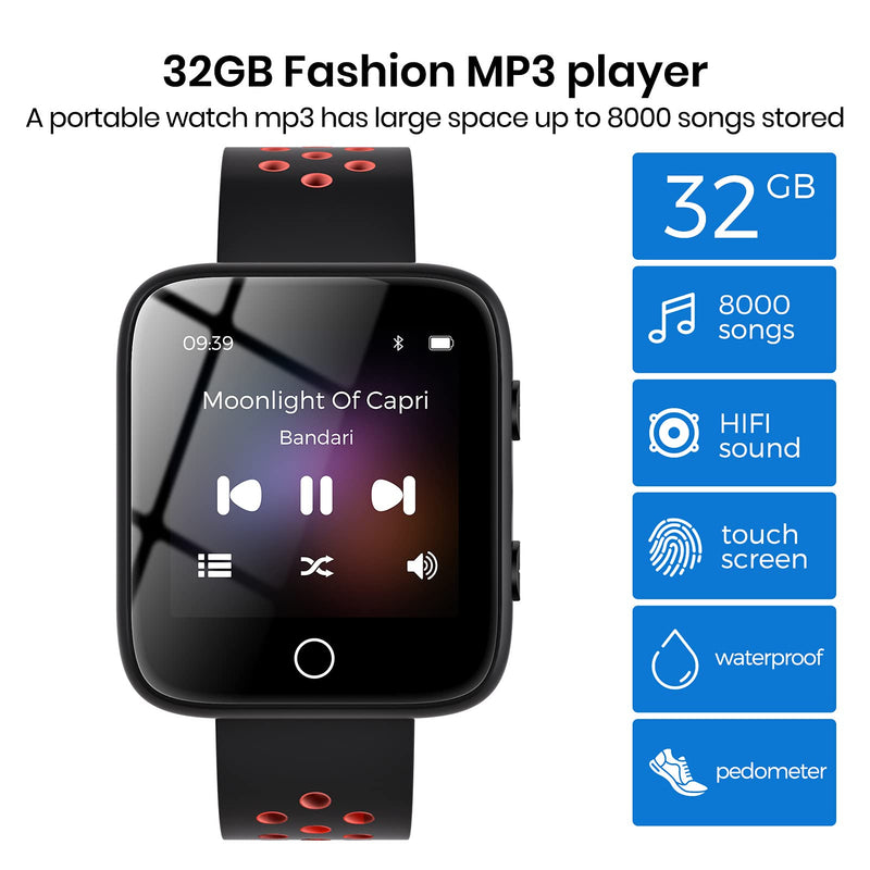  [AUSTRALIA] - TIMMKOO Watch Mp3 Player with Bluetooth, 1.5" IP65 Waterproof Touch Screen Mp3 Player Watch with Pedometer, 32GB Wearable HiFi Sound Music Player for Running Workout Sports Gym (Black/Red) Red