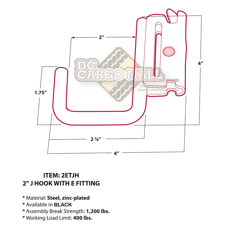  [AUSTRALIA] - DC Cargo Mall 2 E-Track Steel JHooks, Tie-Down Accessories w/E Track Spring Fitting Attachments, 2 Inch Wide J Hooks, Use as Hanger, Shelf Bracket, Support Beams, Trailer, Truck, Pickup, Cargo Van 2-pack