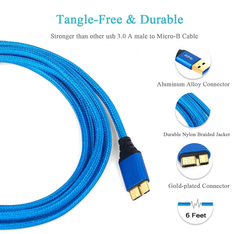  [AUSTRALIA] - USB 3.0 Data Cable, Besgoods 2-Pack Braided 6ft USB 3.0 Cable Type A to Micro B Charging Cable Compatible for Samsung Galaxy S5, Samsung Note 3, Hard Drive, Tab Pro 12.2, Blue Blue Blue