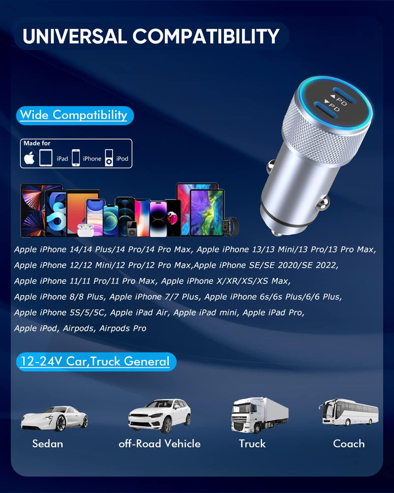  [AUSTRALIA] - iPhone Fast Car Charger,2Pack Dual Port USB C Car Charger[Apple MFI Certified]Power Delivery Apple Car Adapter with 2Pack Lightning Cable Type C Rapid Car Charging for iPhone 14/13/12/11/Xs/Xr/SE/iPad