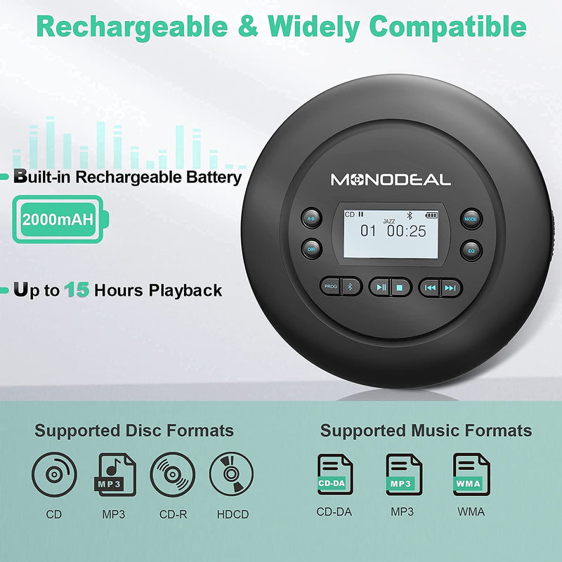  [AUSTRALIA] - CD Player Portable, MONODEAL Bluetooth CD Player, Rechargeable Compact Small Walkman CD Player with Headphones for Car and Personal Use