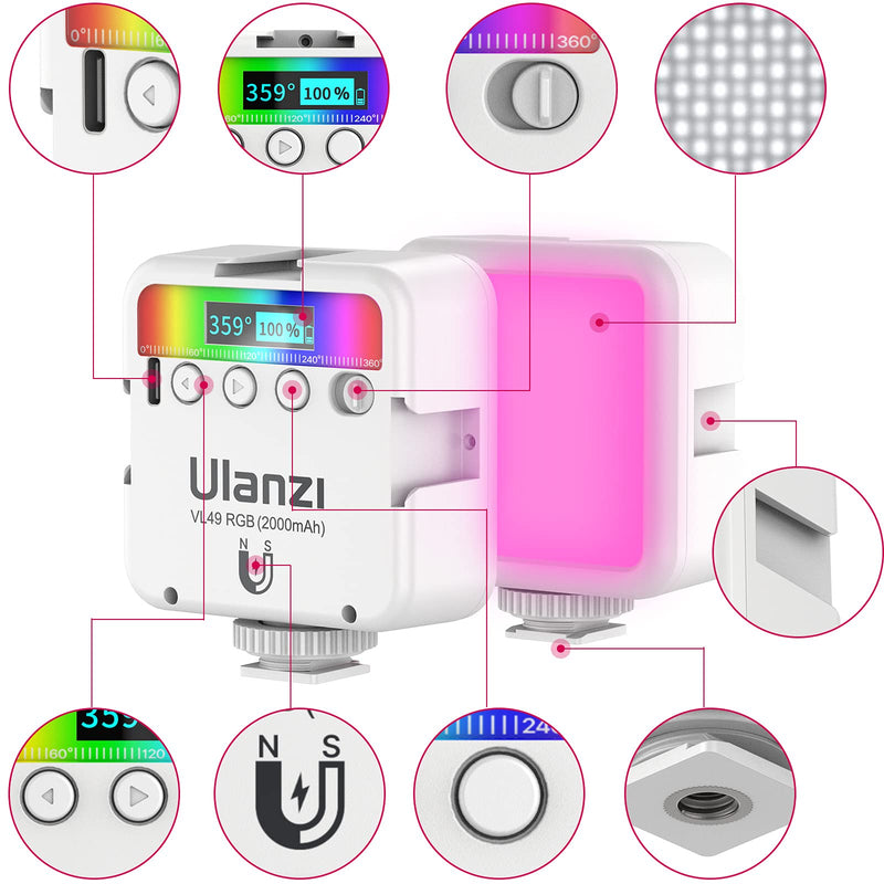  [AUSTRALIA] - ULANZI VL49 RGB Video Lights White, LED Camera Light 360° Full Color Portable Photography Lighting w 3 Cold Shoe, 2000mAh Rechargeable CRI 95+ 2500-9000K Lamp Support Magnetic Attraction