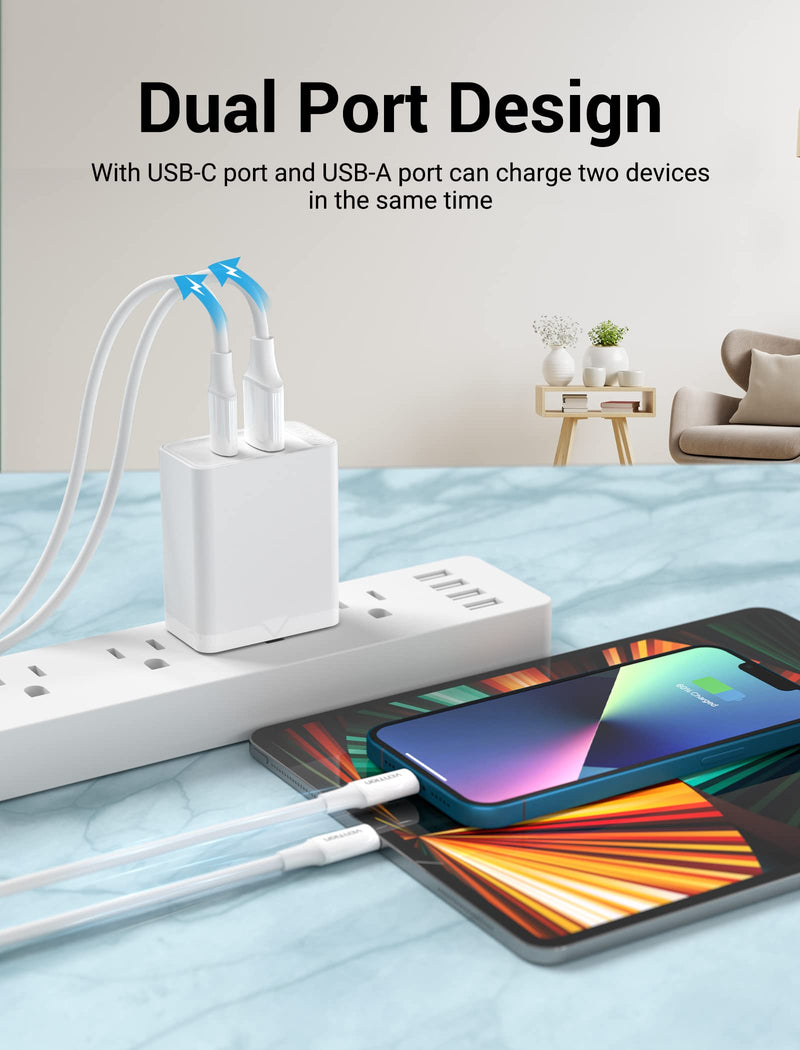  [AUSTRALIA] - USB C Wall Charger Block - VENTION 20W PD Dual Port Fast iPhone Charger Plug - USB C Charging Block Compatible with iPhone 13 12 11 Pro Max XS XR X iPad AirPods Pro Samsung Galaxy Pixel White USB A+C
