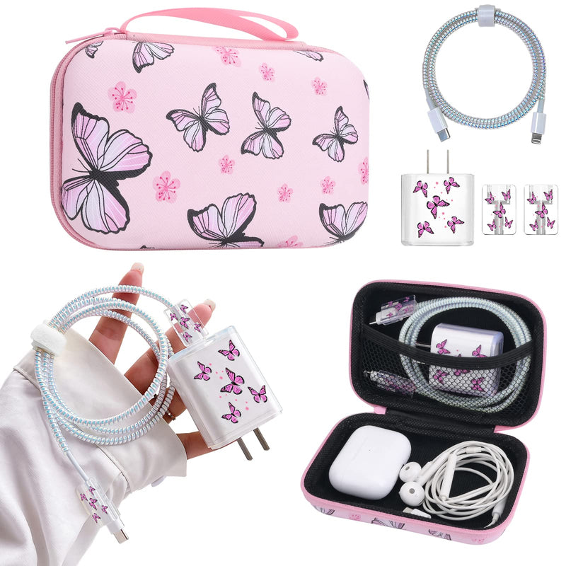  [AUSTRALIA] - Cute Phone Charger Storage Case Cover Set Pink Butterfliy Flowers Carrying Bag with Cable Protector Cord Organizer,Cable Chomper,Charger Saver Lightning Compatible for iPhone Pink Butterfly