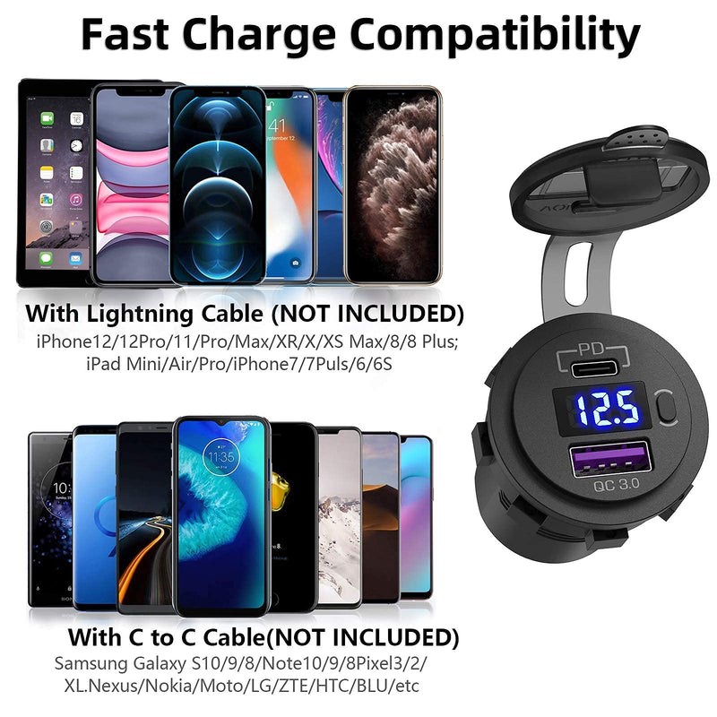  [AUSTRALIA] - [ 2 +1 Pack] USB C Car Charger Socket, Qidoe 48W Dual PD USB-C & QC 3.0 USB Outlet with LED Voltmeter and ON/Off Switch Fast Car Charger Adapter for 12V/24V Car, Boat, RV, Truck, Golf, Motorcycle