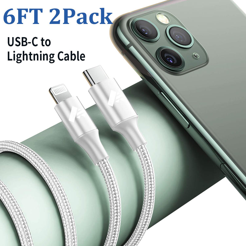 USB C to Lightning Cable 6FT 2Pack, Power iPhone Charger Cord MFi Certified Braided Fast iPhone Type C Charging Cord Compatible with iPhone 12 Pro Max Mini X XS XR 11 Pro 8 Plus 10 7 6 SE, iPad 8th White - LeoForward Australia