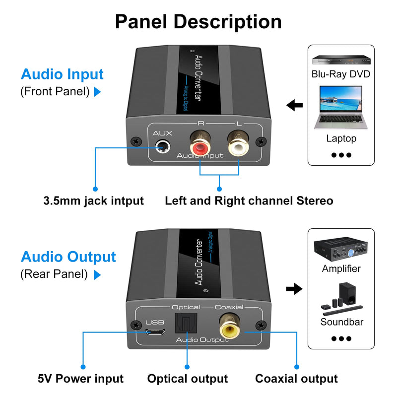  [AUSTRALIA] - Analog to Digital Audio Converter RCA R/L to Optical with Optical Cable 3.5mmAUX Jack to Digital Toslink and Coaxial Audio Adapter for Soundbar