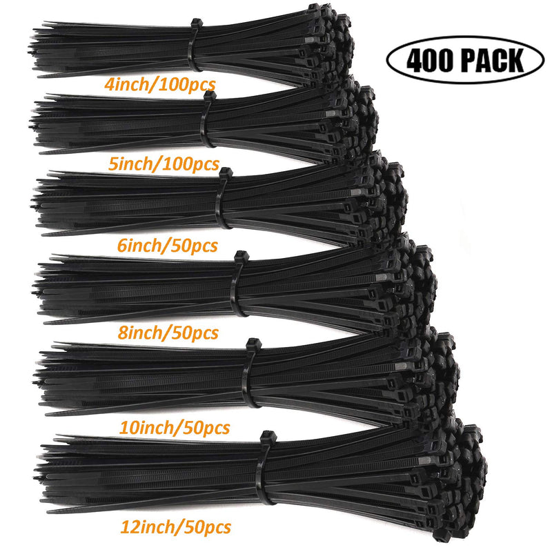  [AUSTRALIA] - Black Zip Ties Assorted Size Cable Zip Tie 400 Pack Wire Zip Ties Outdoor Use 4" +5"+6"+8"+10"and 12" Heavy Duty Zip Ties Assorted for Home Office Use Black