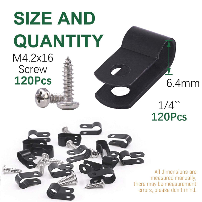  [AUSTRALIA] - Keadic 120 Pieces 1/4 inch Black Nylon Cable Clamps with Stainless Steel Screws, R-Type Mounting Cord Fastener Wire Clamps for Wire Pipe Management