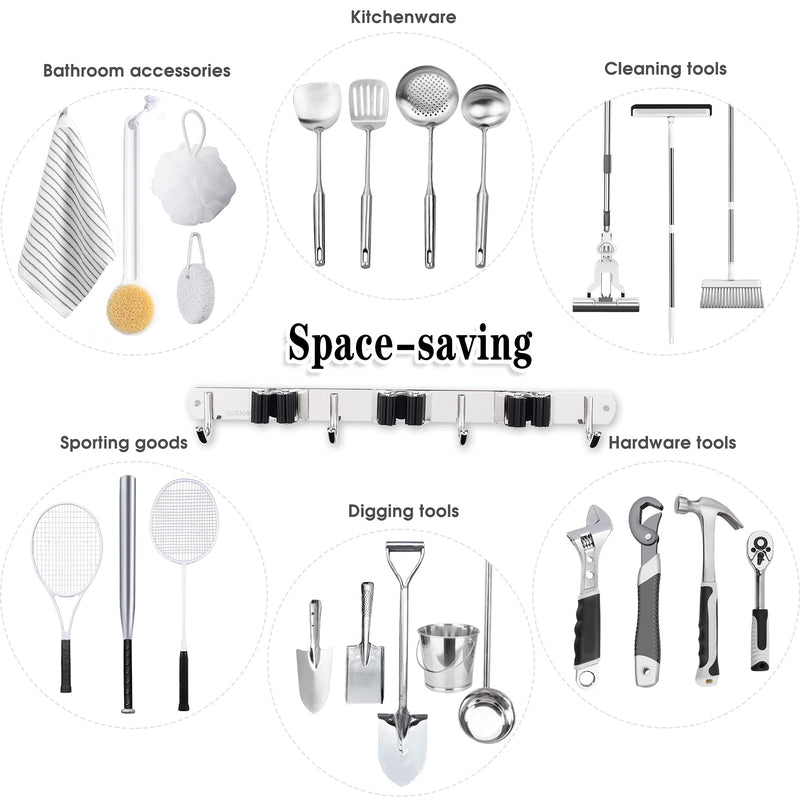  [AUSTRALIA] - 3 Racks and 4 Hooks Broom and Mop Holder Wall Mounted Garage Organizer Storage Tool Racks Stainless Steel Heavy Duty Hooks Self Adhesive Solid Non-slip Wall Hangers for Home Kitchen Garden Laundry 1 Pack 3 Racks & 4 Hooks