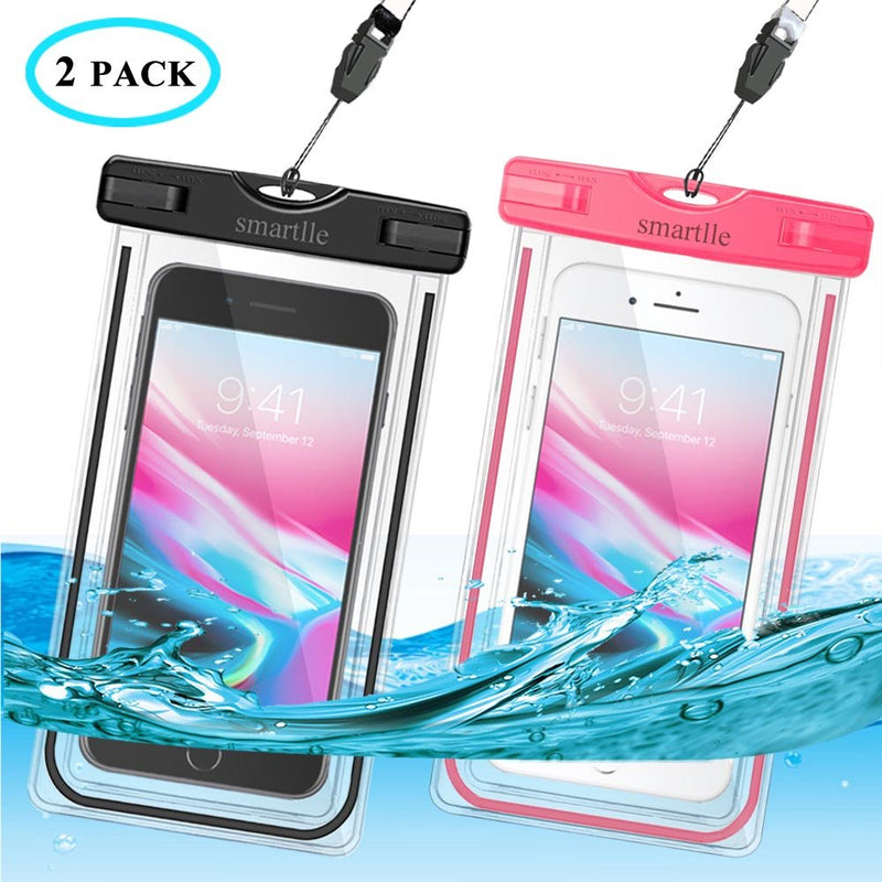  [AUSTRALIA] - Smartlle Waterproof Phone Pouch, Universal Waterproof Phone case, Dry Bag Outdoor Beach Bag for iPhone 11/11 Pro/11 Pro Max/XR/XS Max/X/8 7 6S Plus, Samsung Galaxy, LG, for All Phones, Luminous-2 Pack Black+Pink